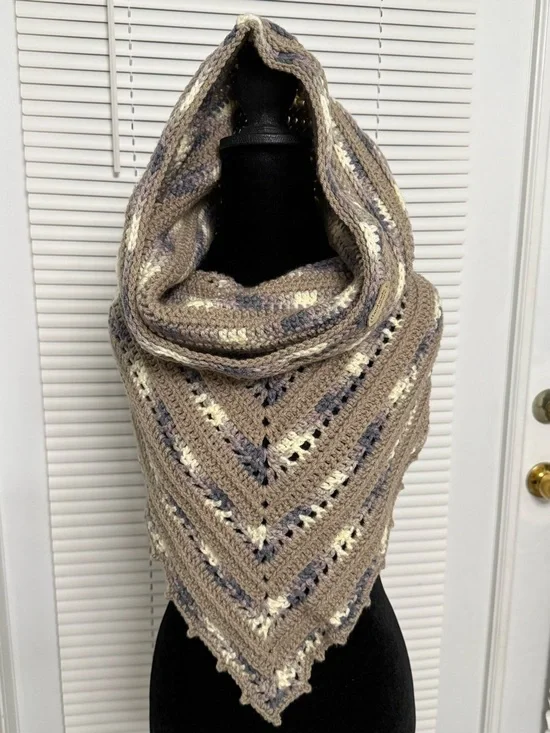 Neutral Taupe Crochet Triangle Shawl with Cream & Gray Stripes - Picture 5 of 5